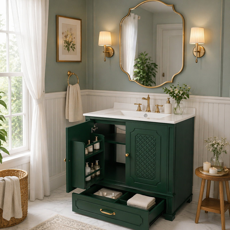 Meuble-lavabo de salle de bain avec lavabo style rétro, Green-set of 2