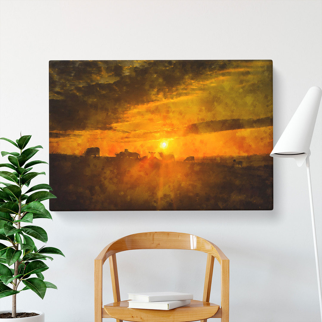 Flock Sheep And Sunset - Wrapped Canvas