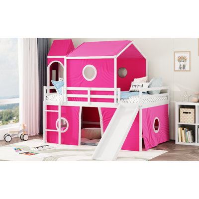 Lit mezzanine double rose avec glissoire, tour et tente de pin fermée