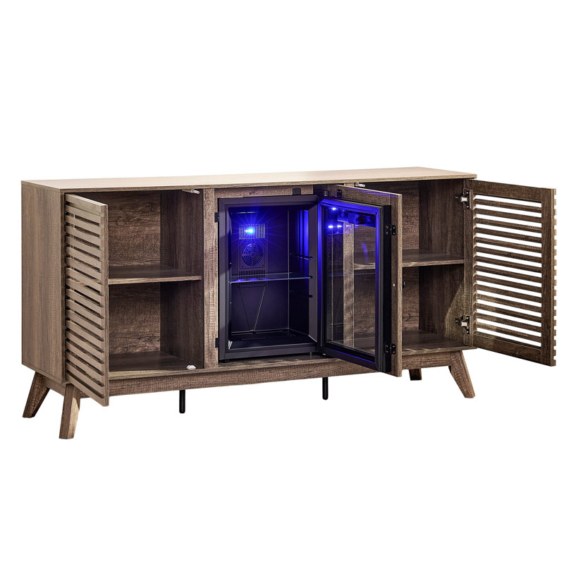 60" wood coffee bar sideboard with built-in beverage refrigerator, slatted doors, adjustable shelves, and storage for dining room, home bar, or office