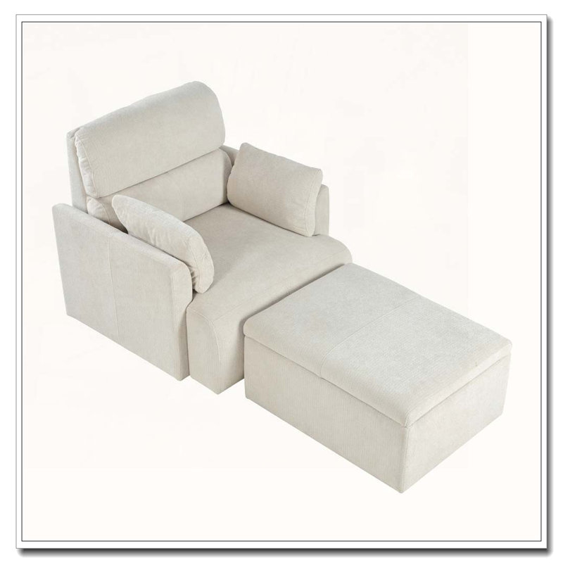 Oversized Armchair with Storage Ottoman,Upholstered Lounge Chair, Beige Grey