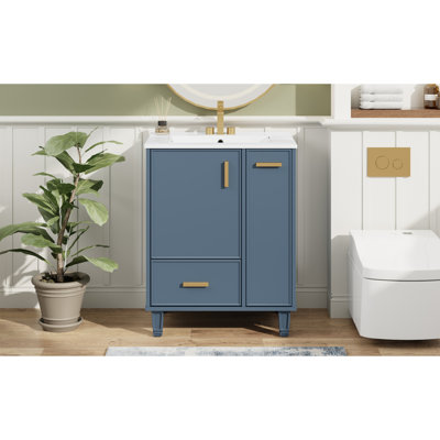 Meuble-lavabo 24 po avec lavabo, armoire de salle de bain avec tablette de porte, tiroir profond, panier coulissant à 2 niveaux, structure en bois massif et panneau de fibres à densité moyenne, un paquet, gris