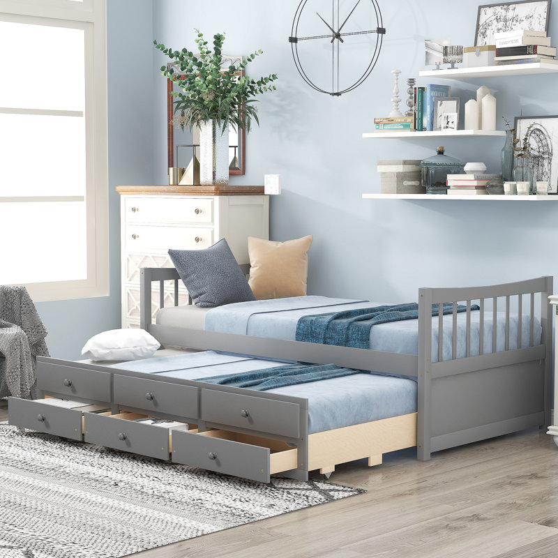 Lit de jour avec couchette et tiroirs, Gris, Lit simple