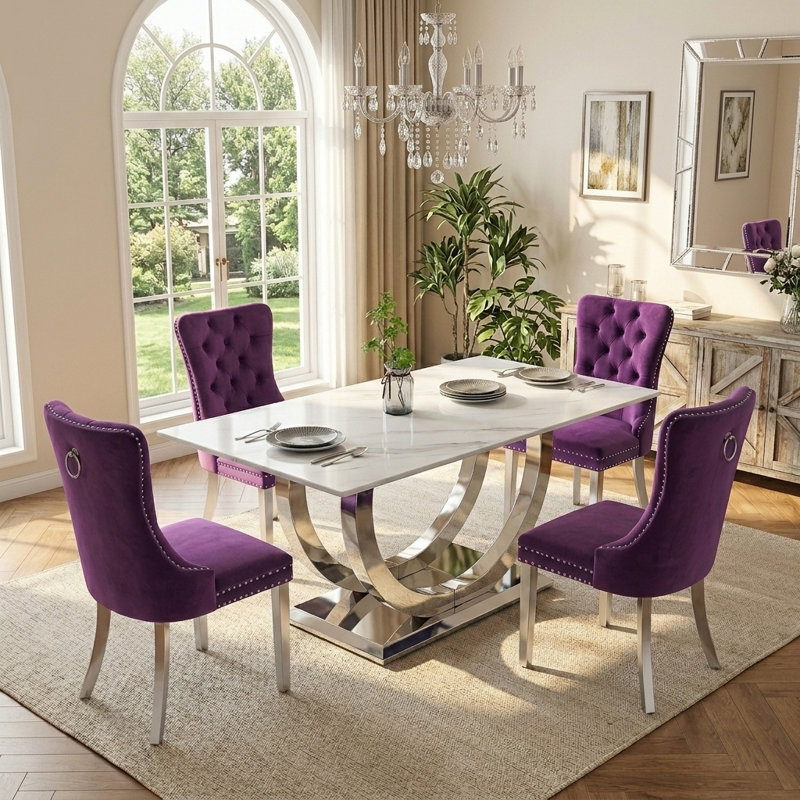 Ensemble de table de salle à manger rectangulaire 69 po pour 4 personnes, ensemble de tables de salle à manger en faux marbre avec 4 chaises rembourrées en velours