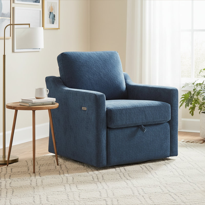 30" Wide Modern Chenille Swivel Glider Accent Chair With Hidden Storage And Charging, Navy