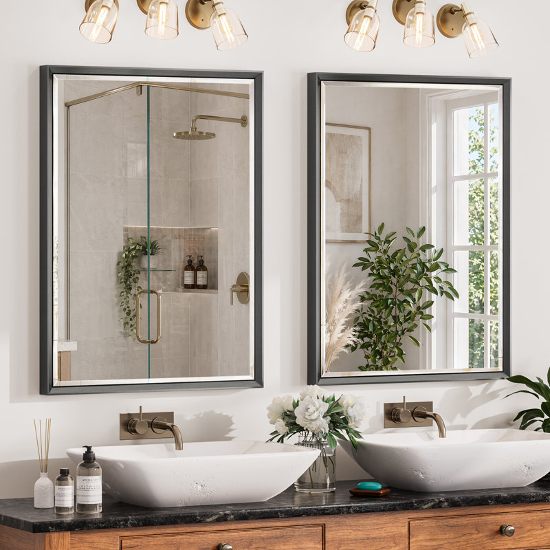 Miroir de salle de bain biseauté avec verre trempé et cadre en aluminium (ensemble de 2), 24" x 32", Brushed Black