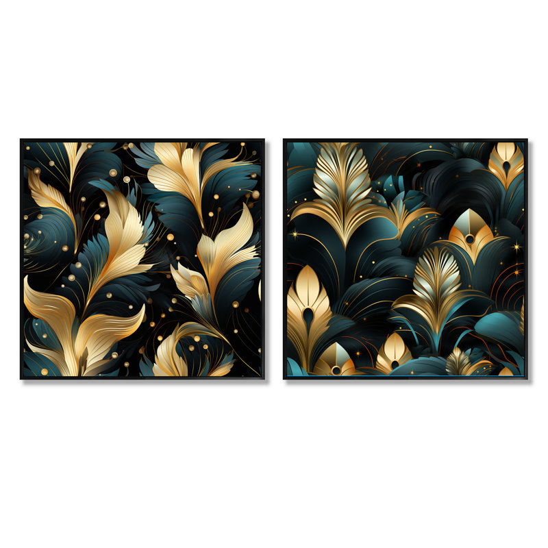Katherina - Ensemble de 2 collages carrés botaniques abstraits, Cadre flottant noir, H 16 po x l 33 po