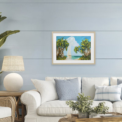 Sailboat Among Palms Framed Print Under Glass, design by Dan Meneely