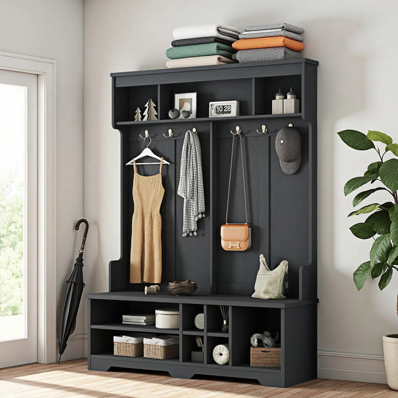 Hall Tree With Bench And Shoe Storage, 4-In-1 Mudroom Storage Organizer With Coat Rack, 6 Hooks, Open Storage Shelf, Black