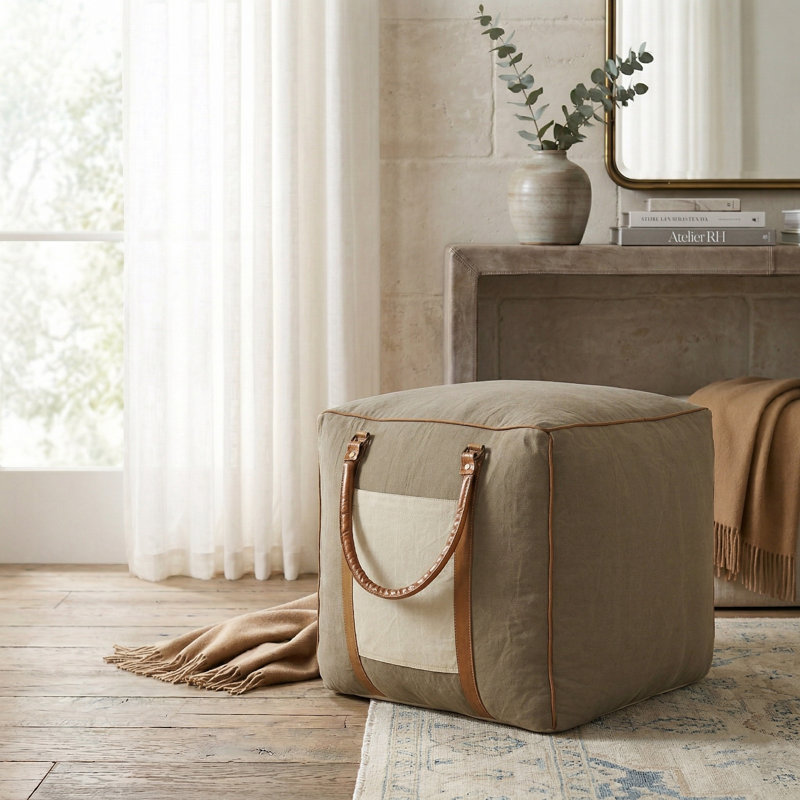 Abedin Cotton and Leather Handmade Ottoman Pouf, Brown/Gray/Cream