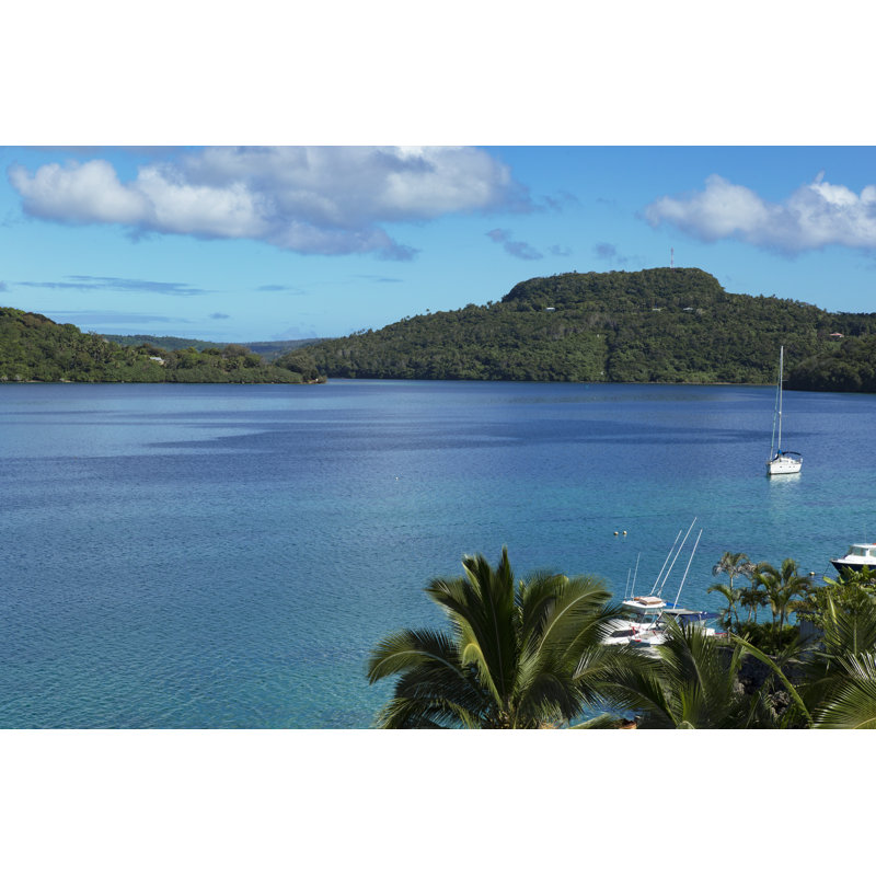 Seaboat And Palm Trees At Harbour by Yori Hirokawa - Wrapped Canvas Print, 20cm H x 30cm W x 3.8cm D