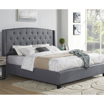 Gray Upholstered Bed With Button Tufting And Sparkling Nail Head Trim Bedroom Glowing