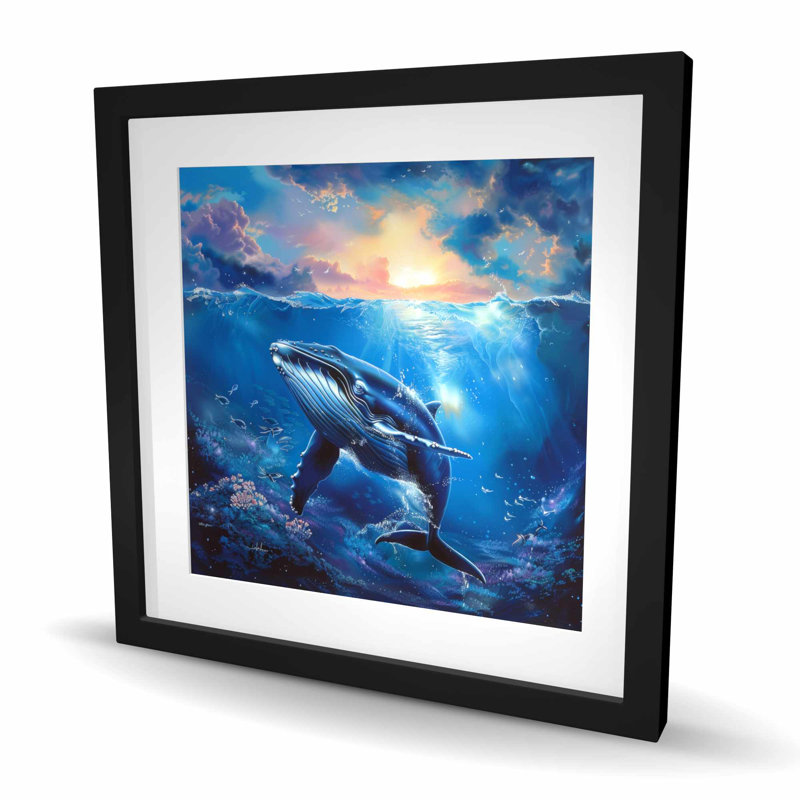 Baleine dans l'eau - Reproduction matte encadrée bleue pour la décoration intérieure