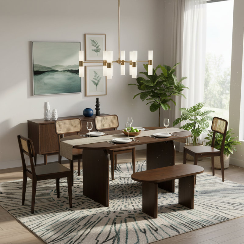 Ensemble de salle à manger ovale 6 pièces avec banc, table de cuisine moderne pour 6, Brun