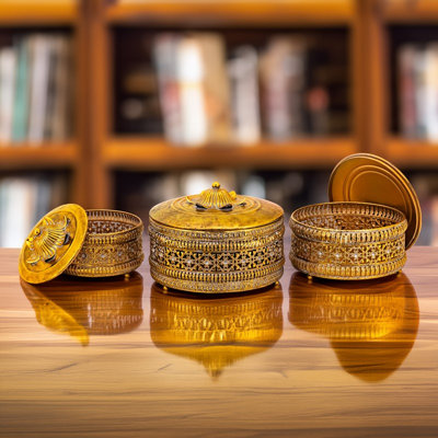 Set of 3 Assorted Ornate Metal Round Dome Boxes with Lids