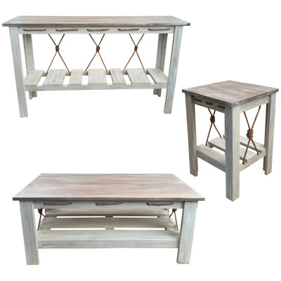 Stain Knotted Rope Wood Table Set. 1- Wood Sofa Table, 1- Wood Coffee Table, 2- 17 Square Wood End Tables