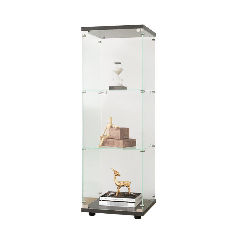 3-shelf Glass Display Smoothing, Curio Cabinets For Living Room, Bedroom, Office, Black Floor Standing Location, Installation Cabinet With 3 Shelves, Easy
