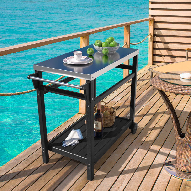 Outdoor Grill Table Cart with Stainless Steel Top&3-Shelf, Black, 33" H x 34" W x 19" D