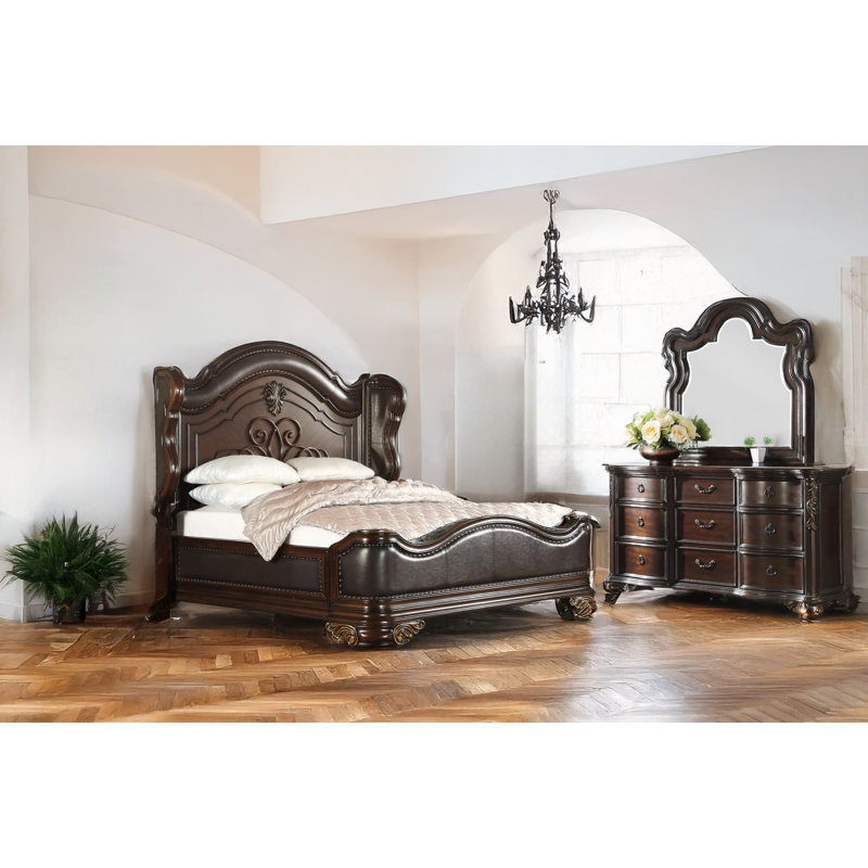 Jaymee Brown Cherry Faux Leather Upholstered Wingback Panel Bedroom Set, King