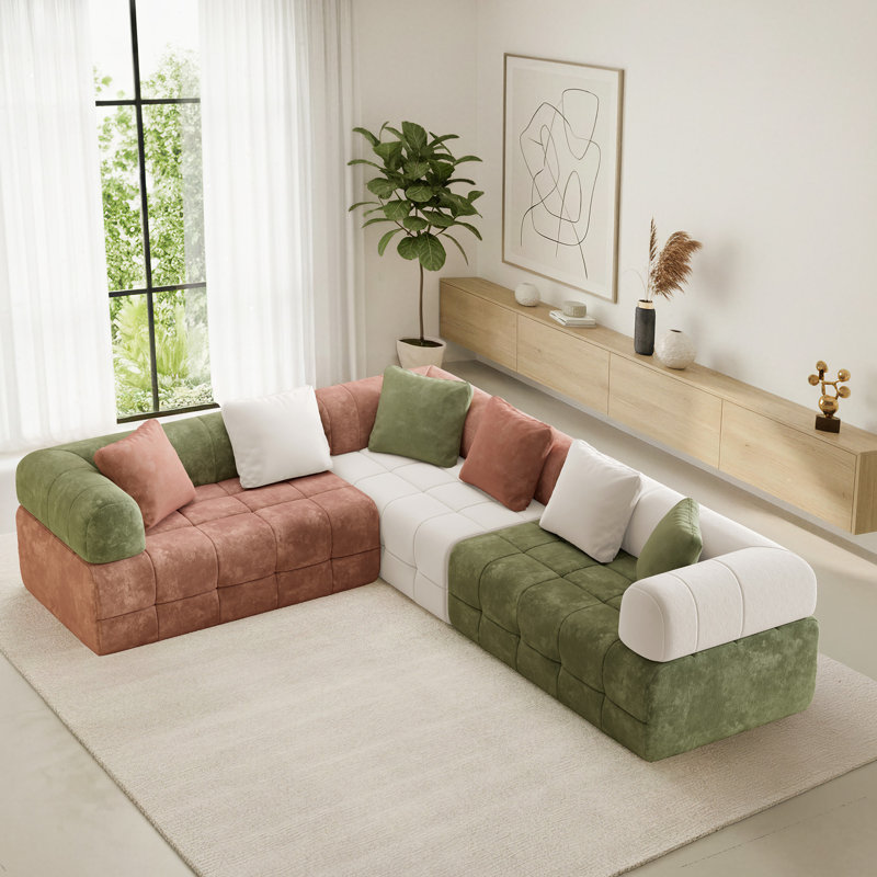 Boneless 6-Seater Contemporary Chenille Upholstered Colorblock Modular Sofa With Plush Back Pillows And Thick Cushions
