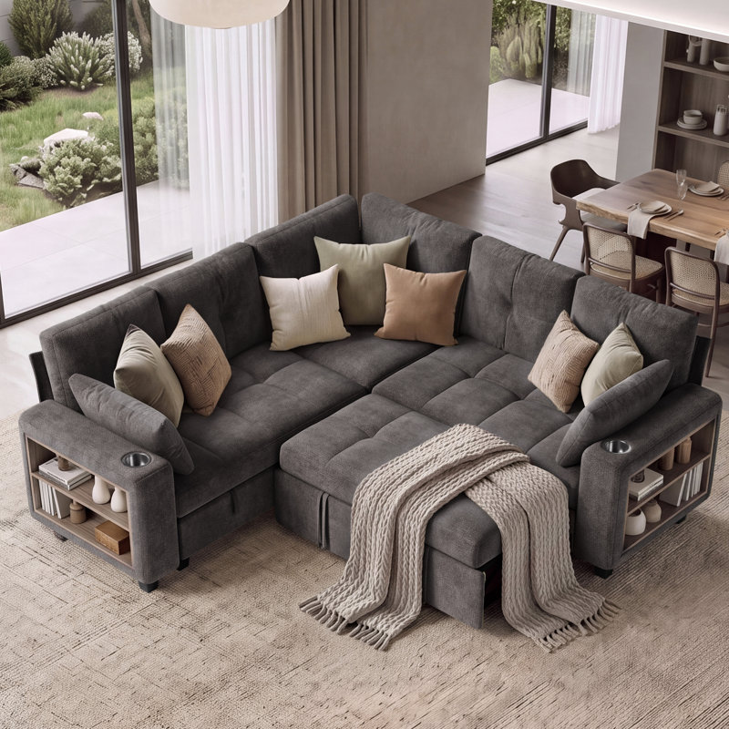 Canapé modulaire de 83 po avec canapé-lit, méridienne de rangement et bibliothèque d'appoint Benett, Gris chenille