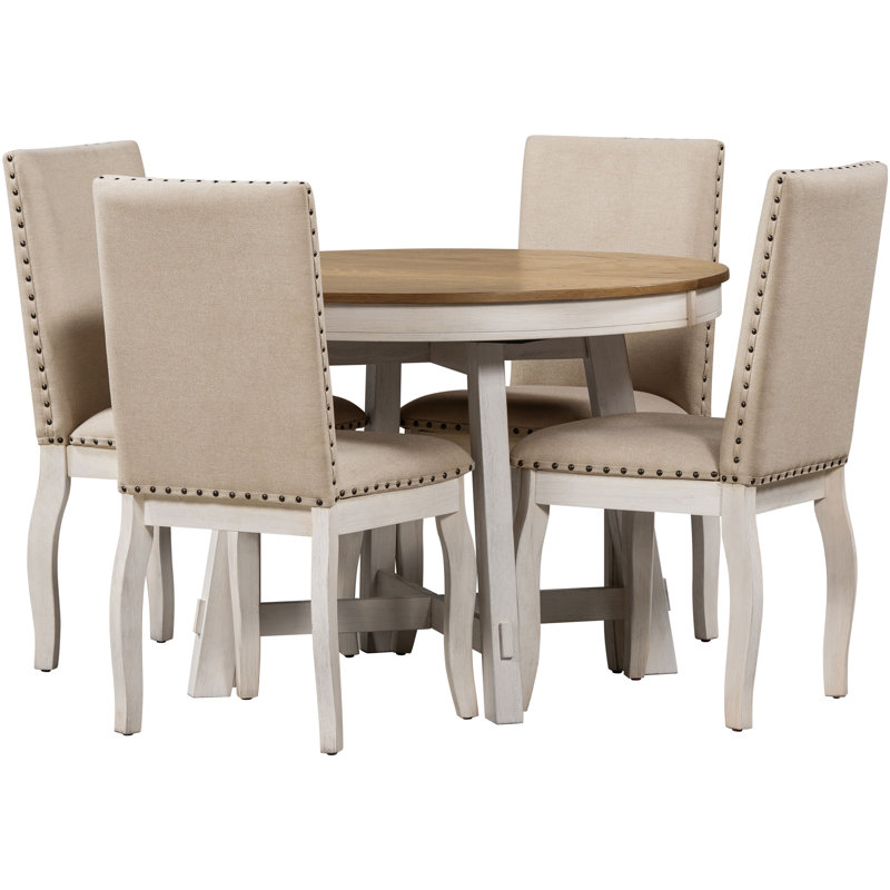 Ensemble de table de salle à manger 5 pièces avec table extensible ronde en bois et 4 chaises rembourrées pour de charmants espaces de salle à manger
