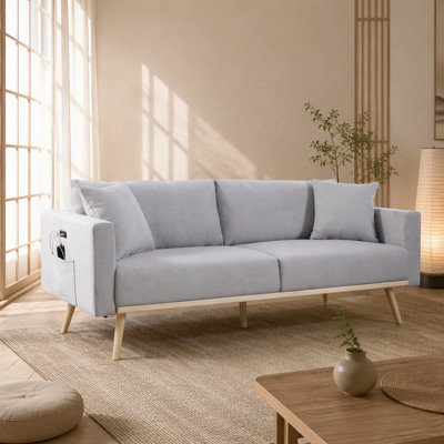 Canapé en tissu de lin de 75 pouces avec ports de charge USB, poches de rangement et coussins inclus pour un confort moderne.