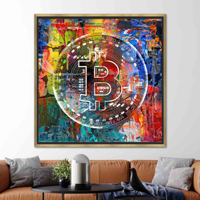 Printed Canvas Wall Art: Colorful Bitcoin Crypto Office Decor,1P GoldFramedCanvas