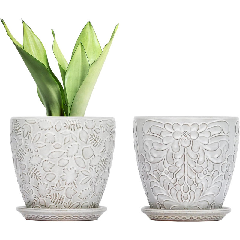 Set Of 2 Retro White 6" Ceramic Planters With Drainage & Saucers