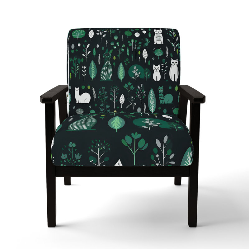 Minimalist Forest Animal Pattern - Upholstered Casual Accent Arm Chair, Green/White, Black