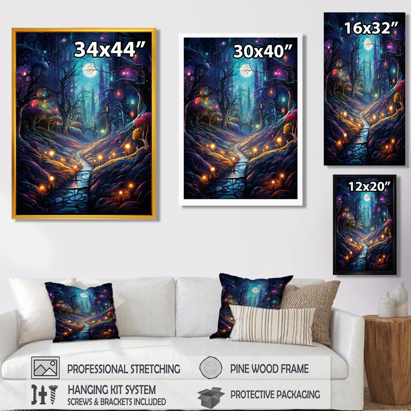 Fireflies dans la forêt de la pleine lune enchantée - rivière, art mural du salon, Toile avec cadre flottant noir