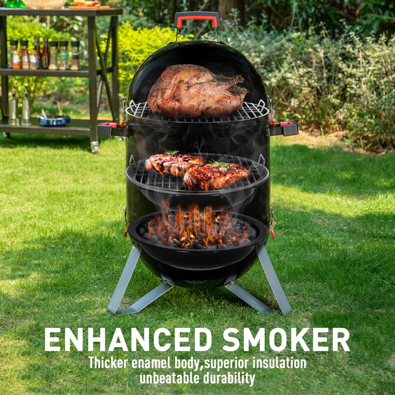 18" Black Charcoal Vertical Smoker Grill with Porcelain Enamel Bowls