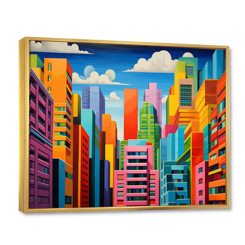 Pop Art Miami Cityscape III, reproduction d'art sur toile, H 30 po x l 40 po x P 1,5 po, Cadre flottant doré
