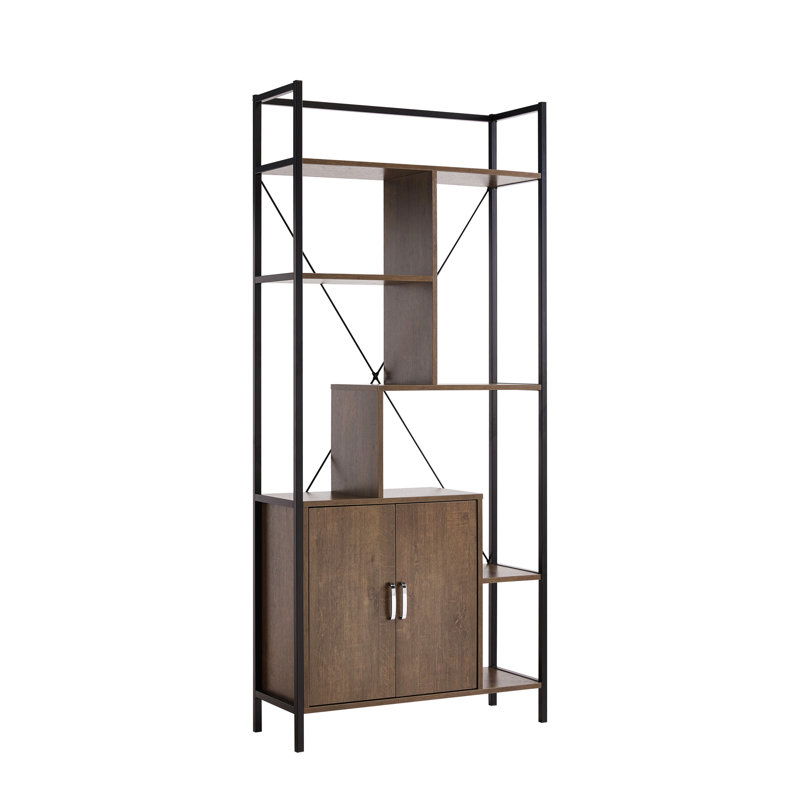 Bibliothèque moderne à six tablettes avec armoire de rangement à deux portes et deux tablettes, Brun foncé / noir