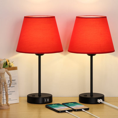 Ensemble de 2 lampes de table USB, lampes de bureau de chevet avec ports de charge USB doubles, lampes de table de chevet avec abat-jour en tissu lin pour chambre à coucher, salon, bureau de dortoir