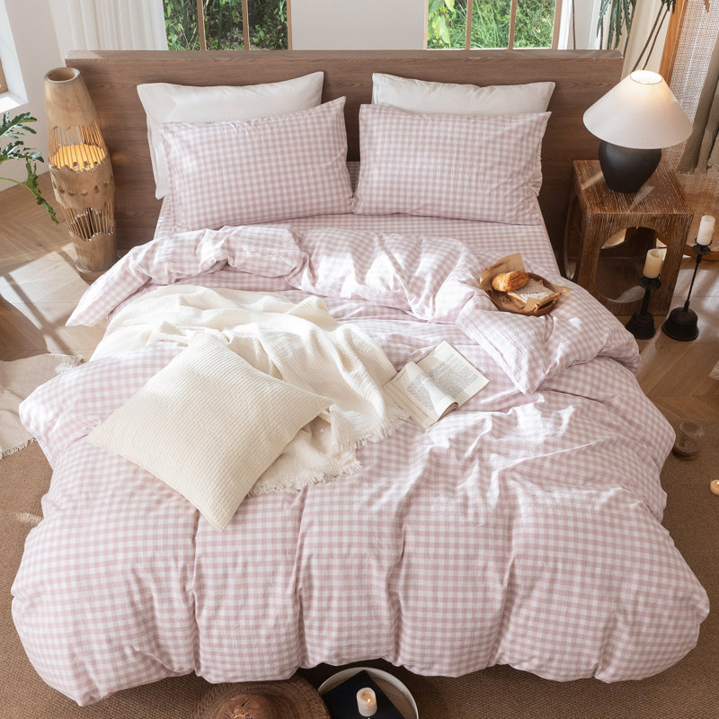 MooMee Gingham Duvet Cover Set 100% Washed Cotton Linen Like Lightweight, Grayish Pink