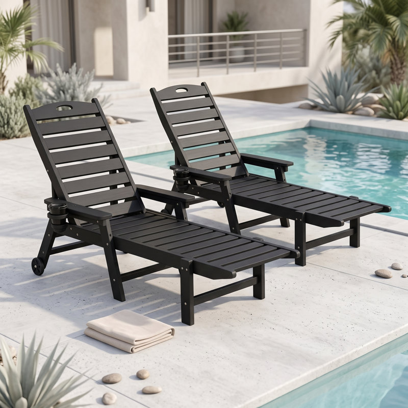 HDPE Patio Chaise Lounge, 4-Position Adjustable Backrest Outdoor Lounger, Black