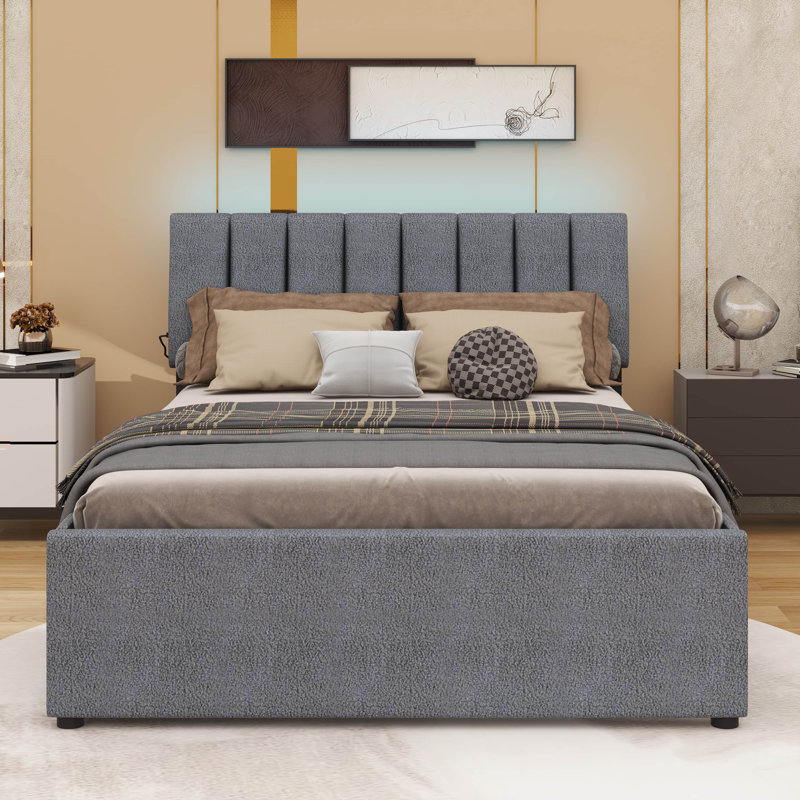 Lit plateforme tapissier Teddy, Gris, Lit double