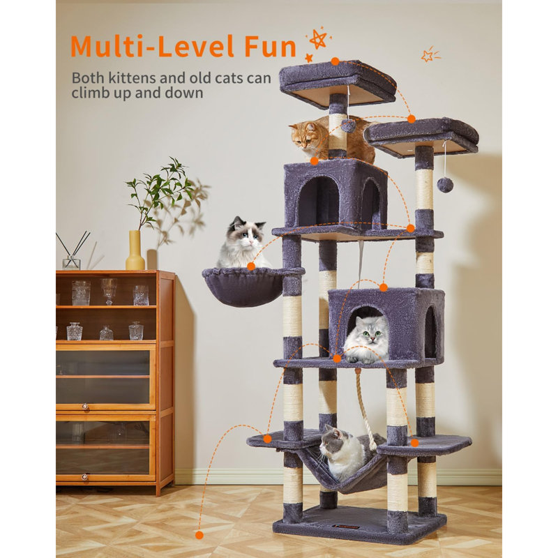 Cat Tree, 71.7-Inch Cat Tower For Indoor Cats, Plush Multi-Level Cat Condo With 13 Scratching Posts, 2 Perches, 2 Caves, Hammock, 2 Pompoms,Smoky Grey MS013LG