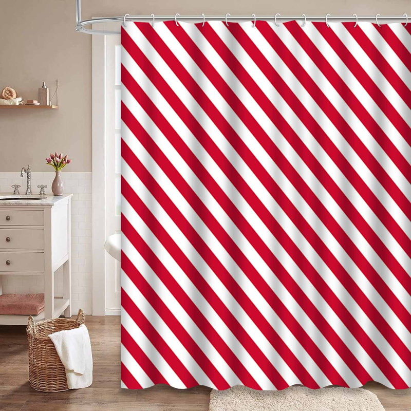 Rideau de douche rayé rouge à rayures diagonales et blanc avec 12 crochets, L 72 po x l 72 po