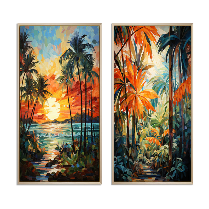 «Orange Palm Trees Mosaic», 2 pièces, H 32 po x l 32 po, Encadrement brun