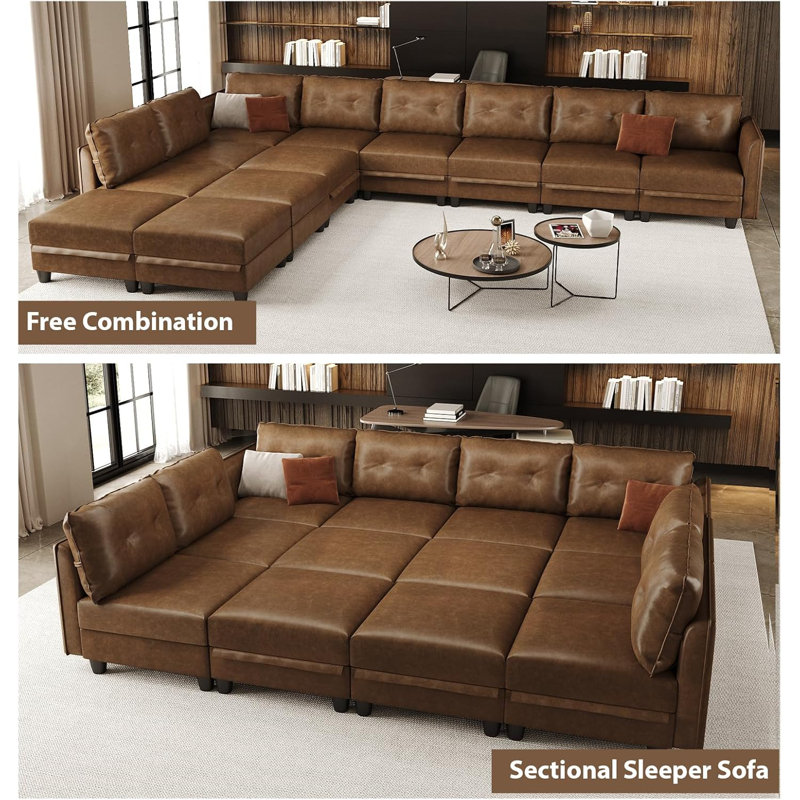 Modular Sectional Sofa With Storage, Modern Brown Faux Leather, Reversible Chaise, U Shaped Couch For Living Room, Waterproof & Easy Clean, 8 Seats With 4 Ottoman