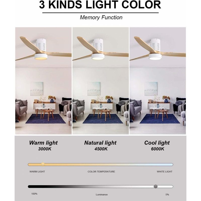 Giannie 52'' Ceiling Fan with LED Lights, Natural Wood, White