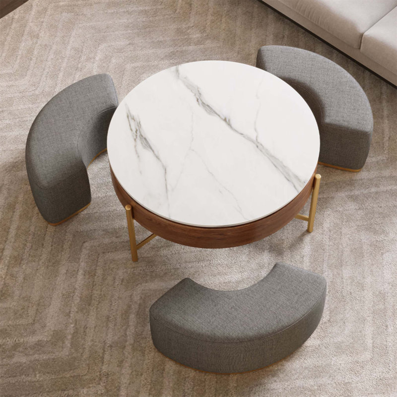 Table basse moderne à plateau relevable avec rangement caché, plateau en placage et en pierre frittée, 3 repose-pieds gigognes rembourrés, conception peu encombrante, entièrement assemblée
