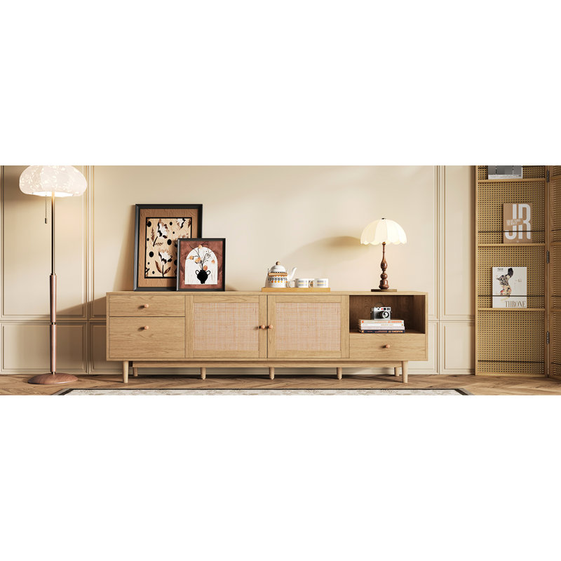 - Console de style télé pour 65 téléviseurs de 85 pouces, bois naturel et support de rangement bien organisé avec portes, compatible 75, média