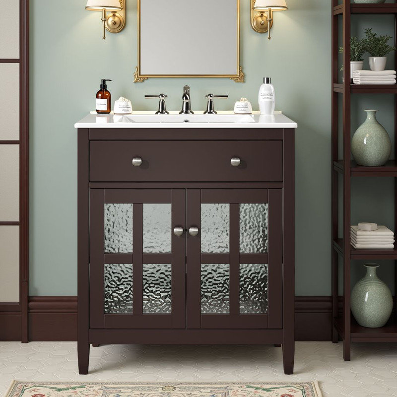 Meuble-lavabo de 30 po avec lavabo en céramique - plateau basculant, charnières à fermeture en douceur?, Brun