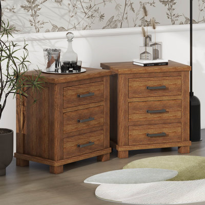 Farmhouse Nightstand Set Of 2, 3 Drawers End Table With Charging Station