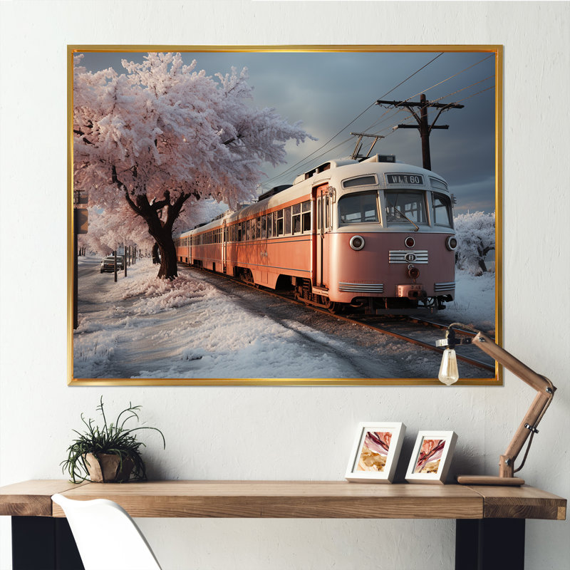 «Orange Train Charm In Winter», reproduction sur toile, H 24 po x l 32 po x P 1 po, Cadre flottant doré