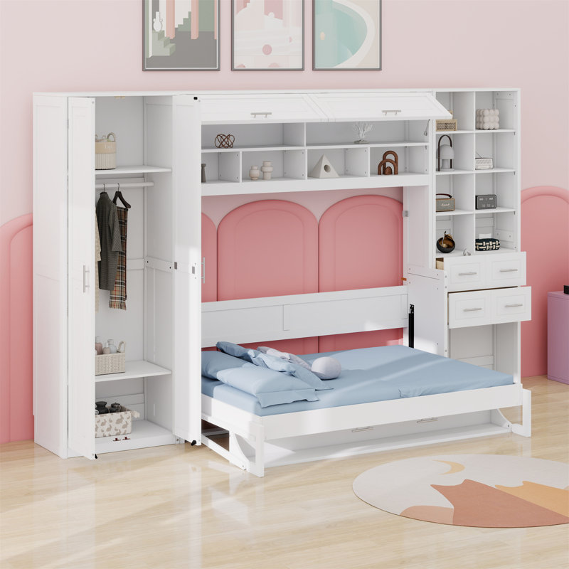 Lit escamotable Murphy avec placard, tiroirs et tablettes, Blanchies