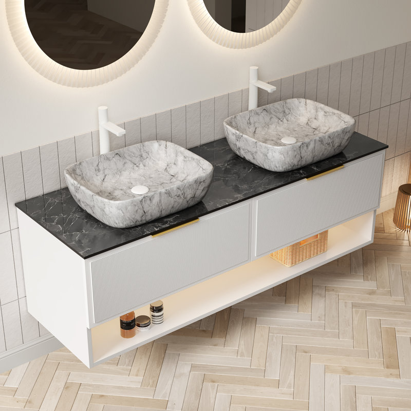 Meuble-lavabo flottant avec lavabo double, armoire de rangement pour salle de bain avec capteur de lumière, plateau en pierre frittée noire